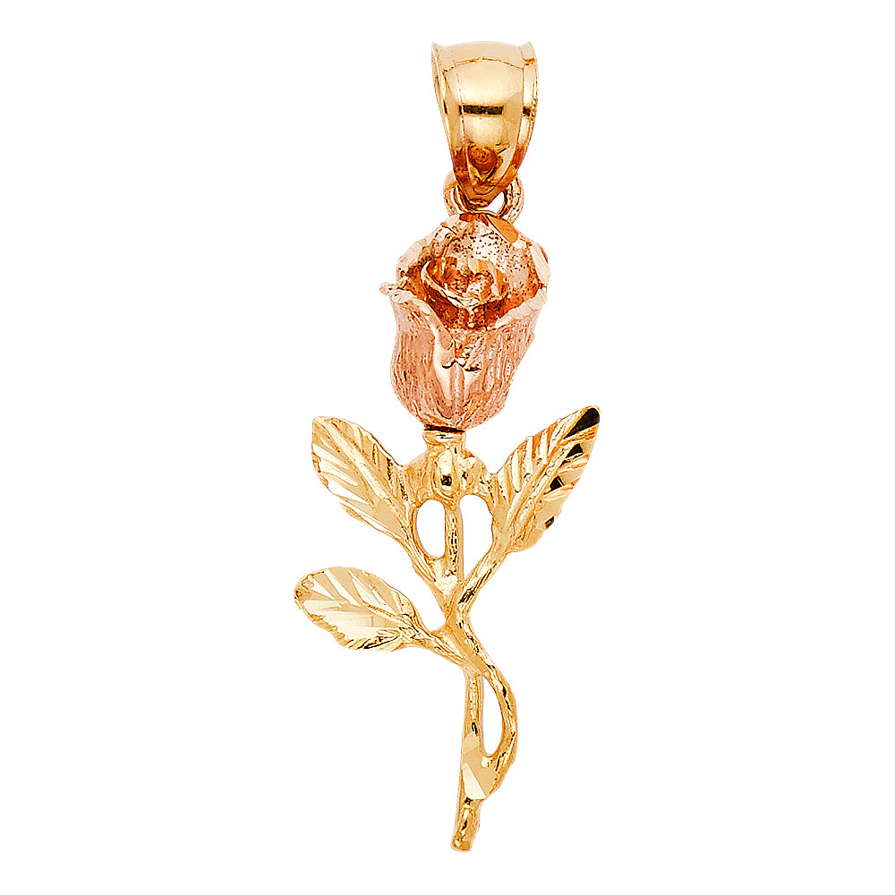 14K Two-Tone Gold Long Stem Rose Pendant