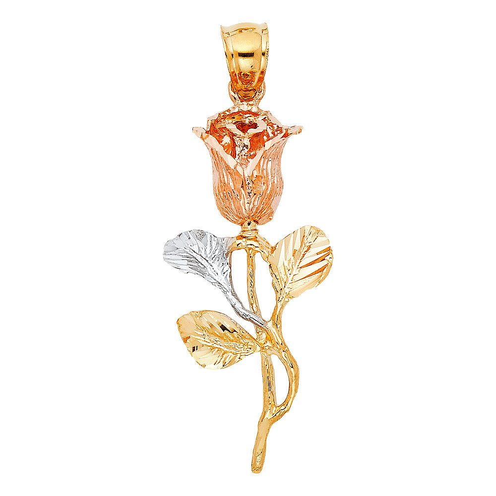 14K Tri-Color Gold Long Stem Rose Pendant