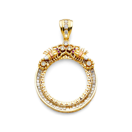 14K Tri-Color Gold Greek Key 50 Pesos / Centenario Pendant with Two Scorpion Accents and CZ Stones