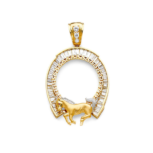 14K Yellow Gold Greek Key Horseshoe 50 Pesos / Centenario Pendant with Horse Accent and CZ Stones