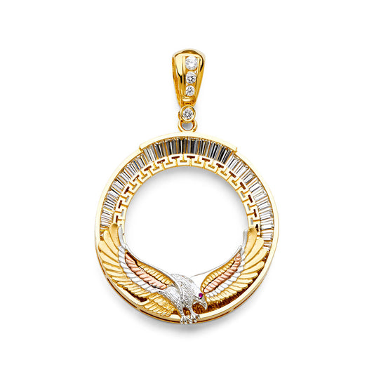 14K Tri-Color Gold Greek Key 50 Pesos / Centenario Pendant with Eagle Accent and CZ Stones