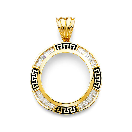 14K Tri-Color Gold Greek Key 50 Pesos / Centenario Pendant with Black Enamel Accent and CZ Stones