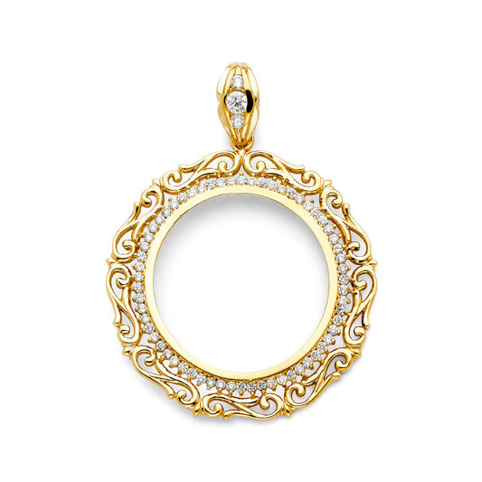 14K Yellow Gold Filigree 50 Pesos / Centenario Pendant with CZ Accents