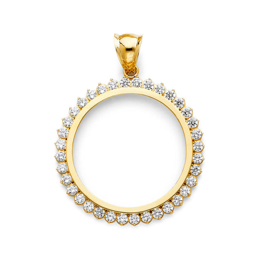14K Yellow Gold 50 Pesos / Centenario Pendant with Halo of Round CZ Stones