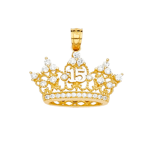 14K Yellow Gold Crown Quinceañera Pendant with CZ Accents