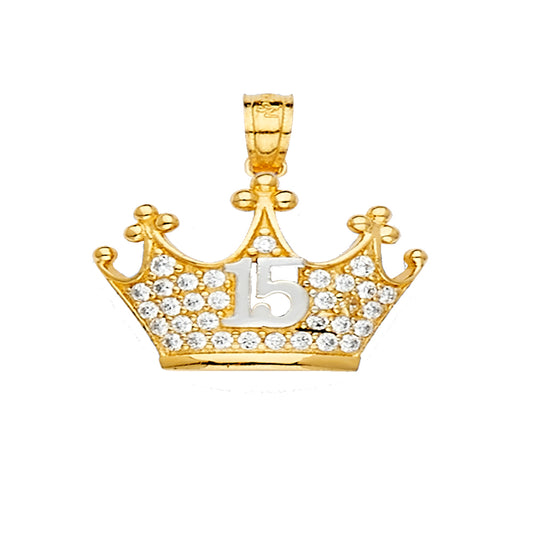 14K Yellow Gold Crown Quinceañera Pendant with CZ Accents