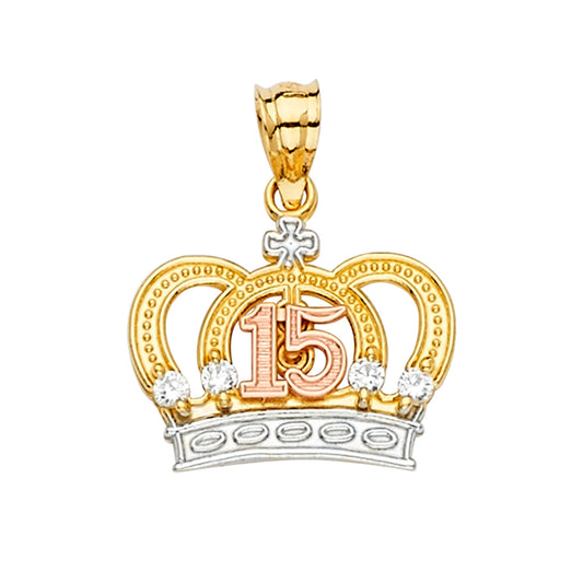 14K Tri-Color Gold Crown Quinceañera Pendant with CZ Accents