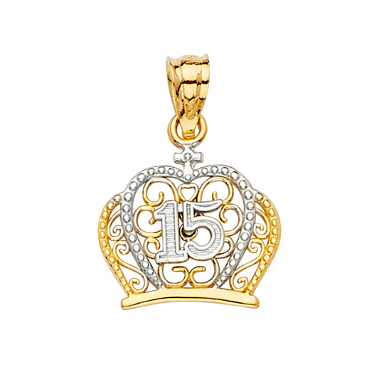 14K Two-Tone Gold Filigree Crown Quinceañera Pendant
