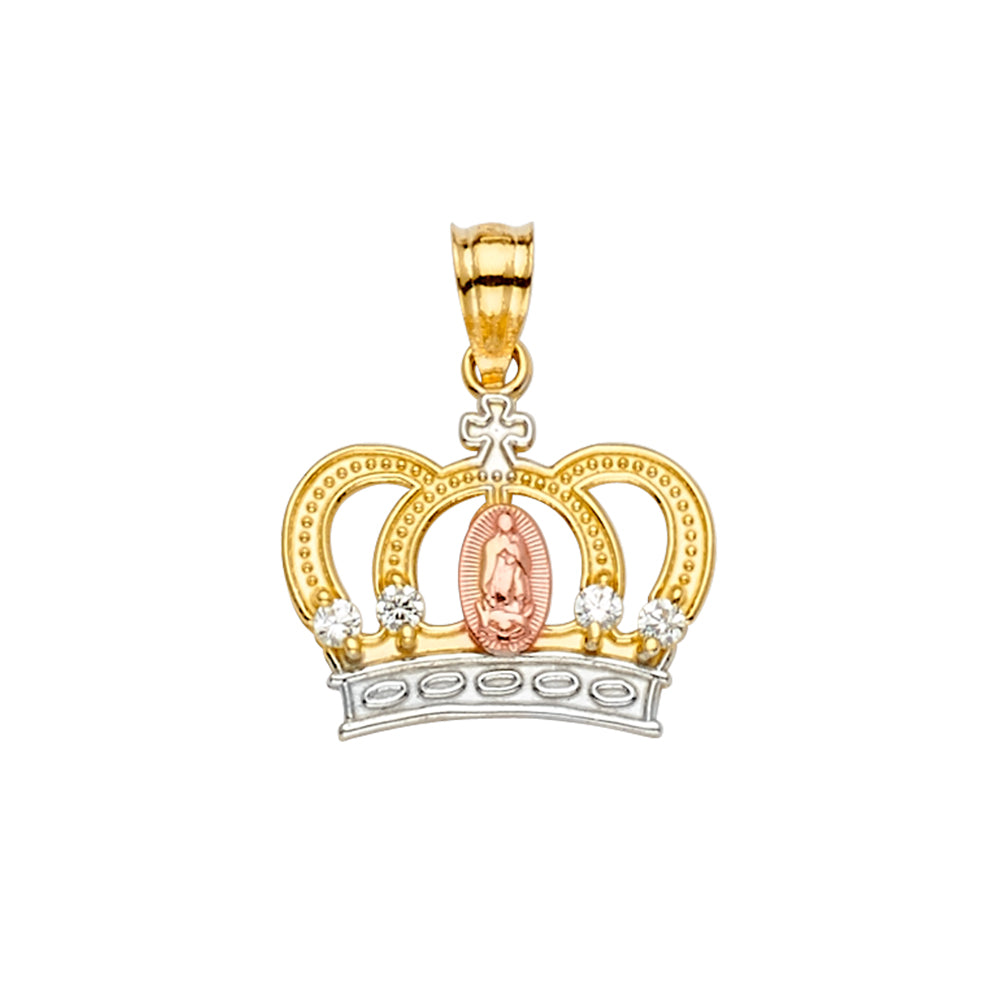 14K Tri-Color Gold Crown Pendant with Our Lady of Guadalupe and Cubic Zirconia