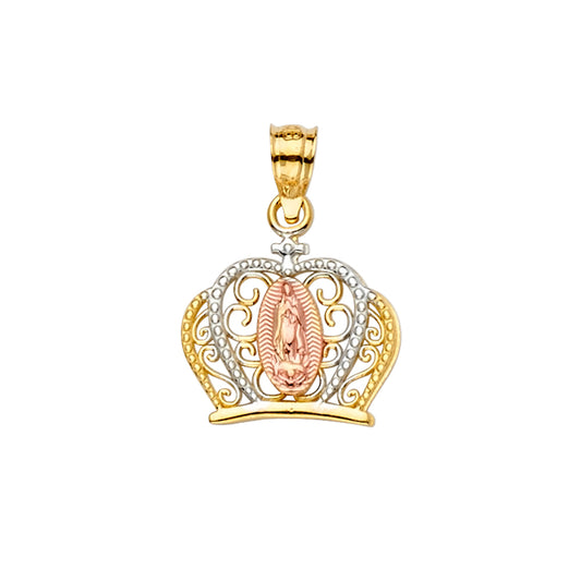 14K Tri-Color Gold Filigree Crown Pendant with Our Lady of Guadalupe