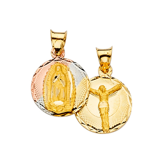 14K Tri-Color Gold Double Sided Guadalupe & Crucifix Medallion