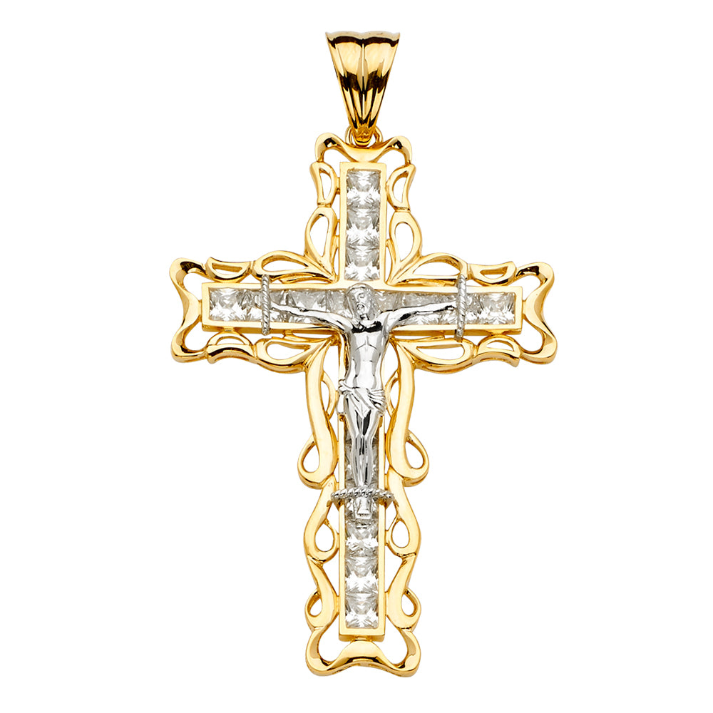 14K Two-Tone Gold CZ Filigree Crucifix Pendant 3 1/4" tall