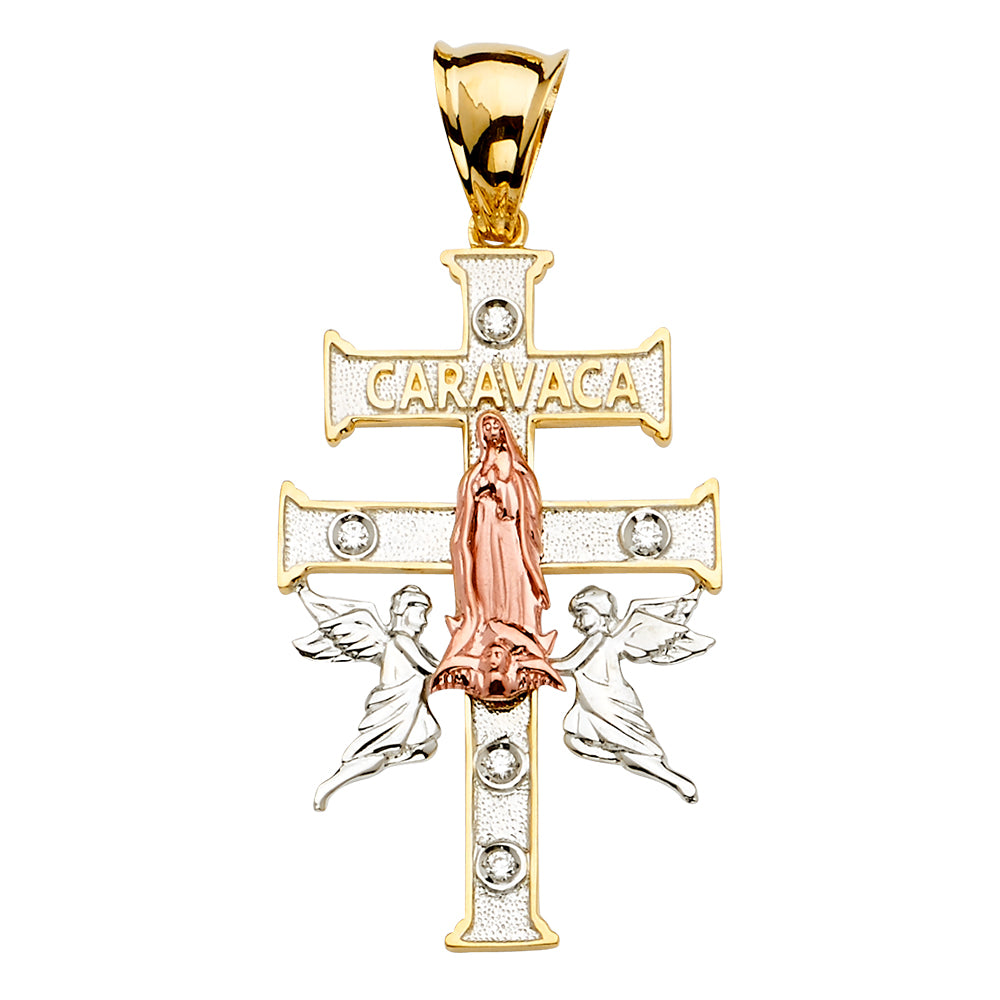 14K Tri-Color Gold Caravaca Cross Virgin Mary CZ Pendant 2.3" Tall