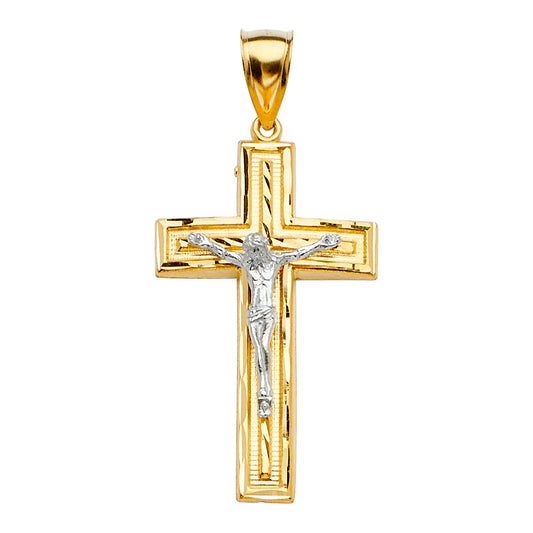 14K Two-Tone Gold Rectangular Edge Crucifix Pendant