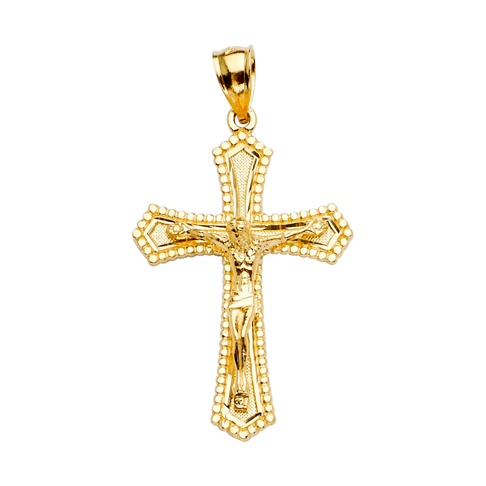 14K Yellow Gold Beaded Edge Crucifix Pendant