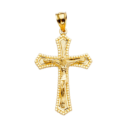 14K Yellow Gold Beaded Edge Crucifix Pendant