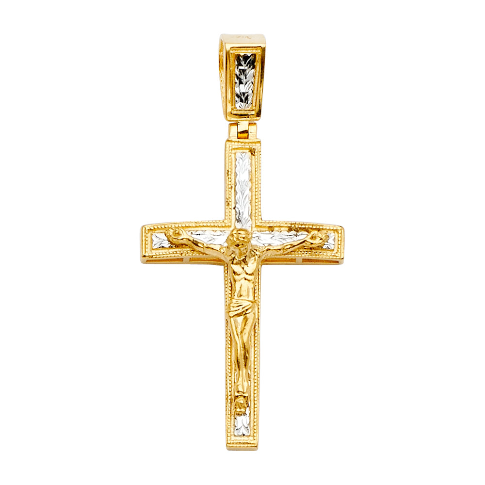 14K Two-Tone Gold Diamond-Cut Border Crucifix Pendant