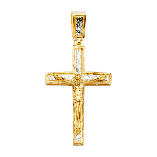 14K Two-Tone Gold Diamond-Cut Border Crucifix Pendant