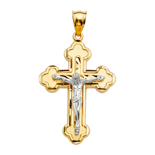 14K Two-Tone Gold Budded Edge Crucifix Pendant