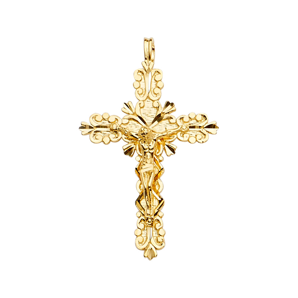 14K Yellow Gold Ornate Scroll Crucifix Pendant