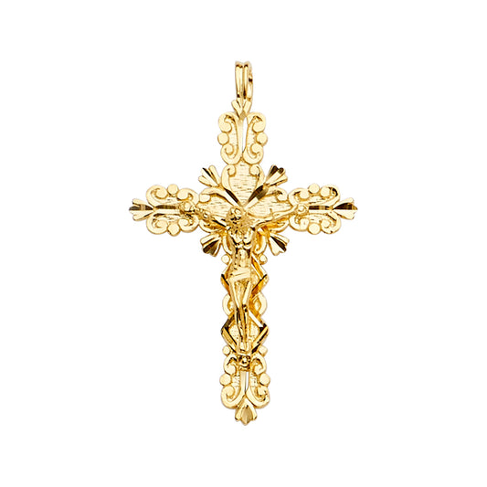 14K Yellow Gold Ornate Scroll Crucifix Pendant