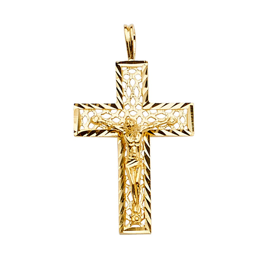 14K Yellow Gold Diamond-Cut Filigree Crucifix Pendant