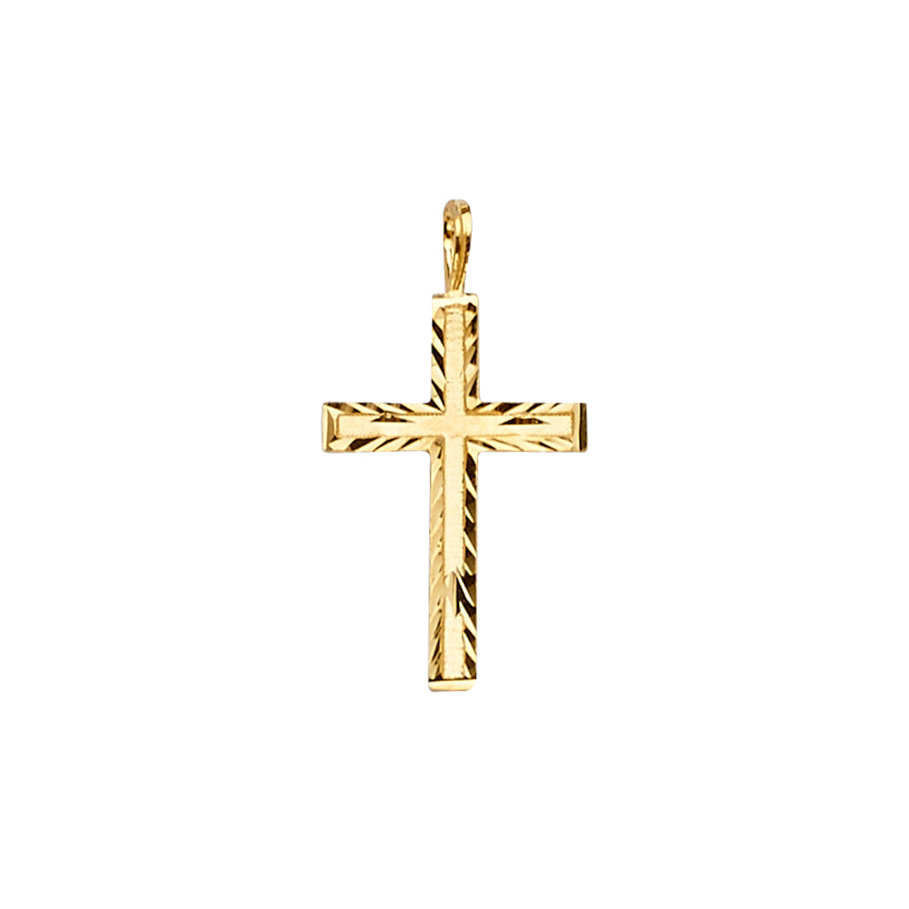 14K Yellow Gold Diamond-Cut Border Textured Cross Pendant aprox 1" tall