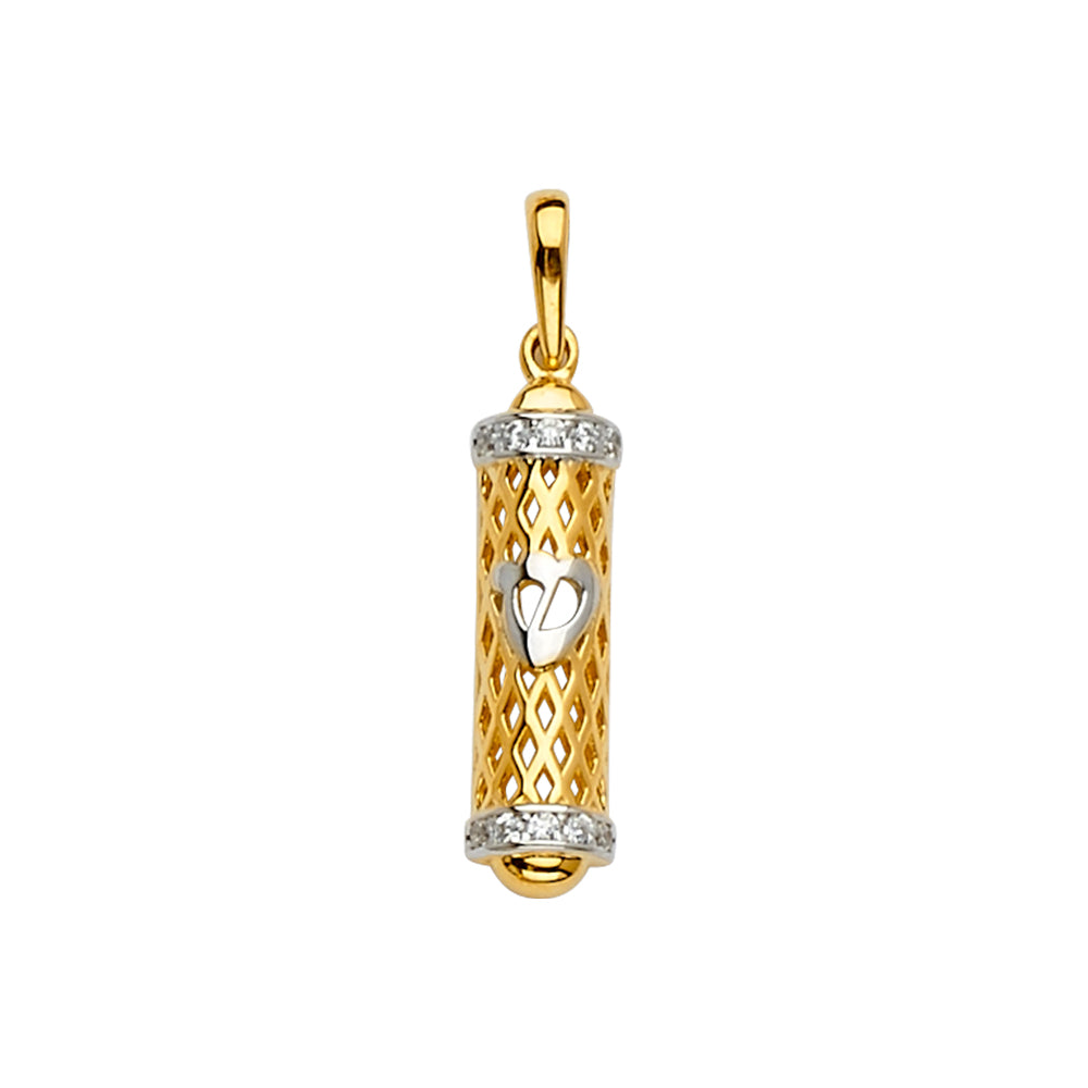 14K Two-Tone Gold Filigree Mezuzah CZ Pendant