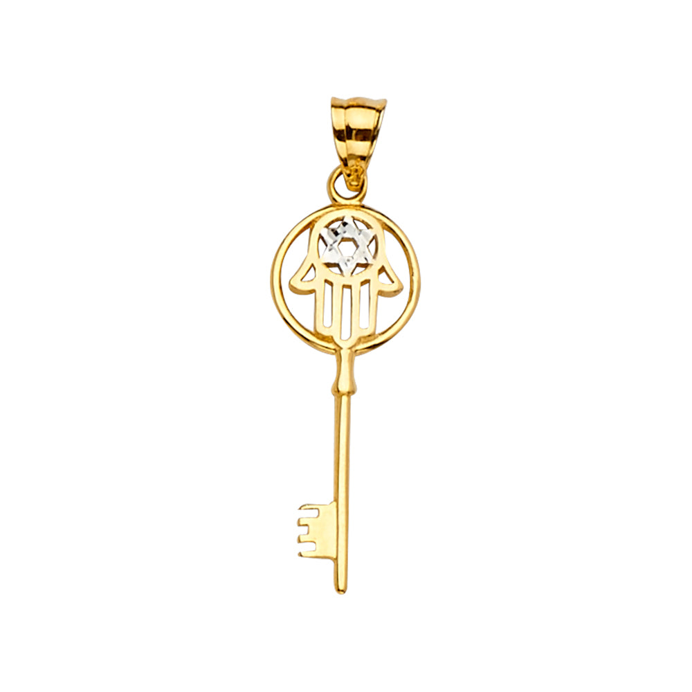 14K Yellow Gold Hamsa Key Design CZ Pendant