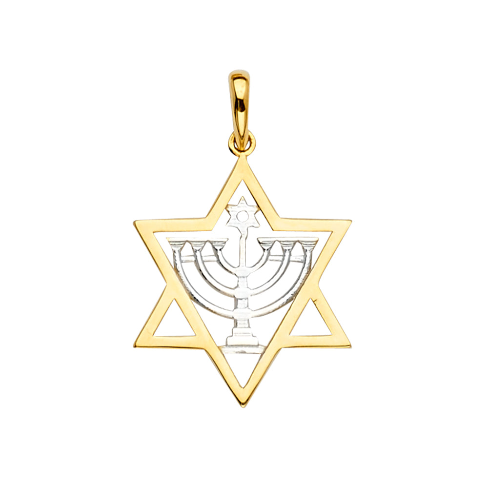 14K Two-Tone Gold Star of David with Menorah Pendant