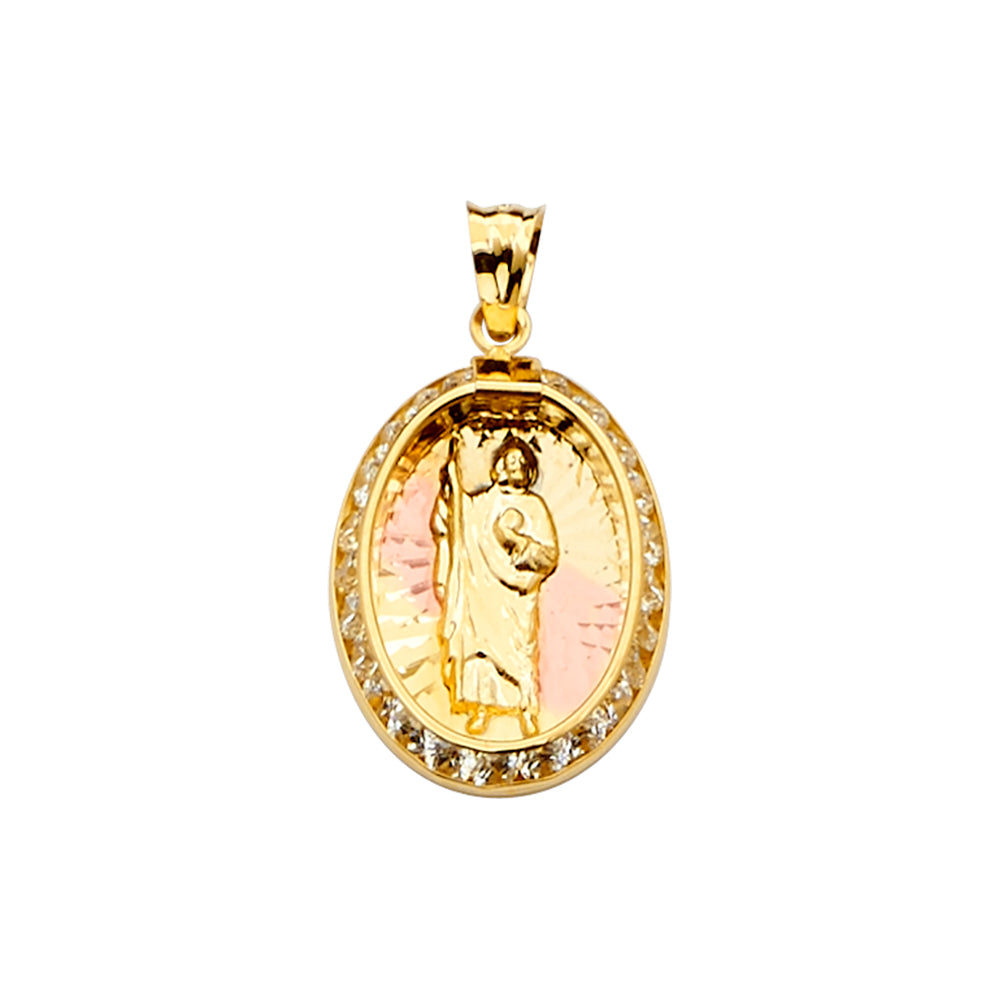 14K Tri-Color Gold Oval San Judas Tadeo CZ Pendant aprox 1" tall