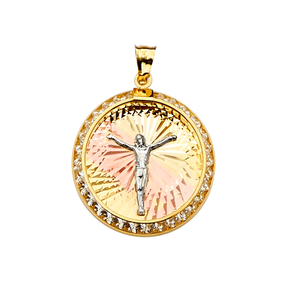 14K Tri-Color Gold Round Crucifix CZ Pendant aprox 1" tall