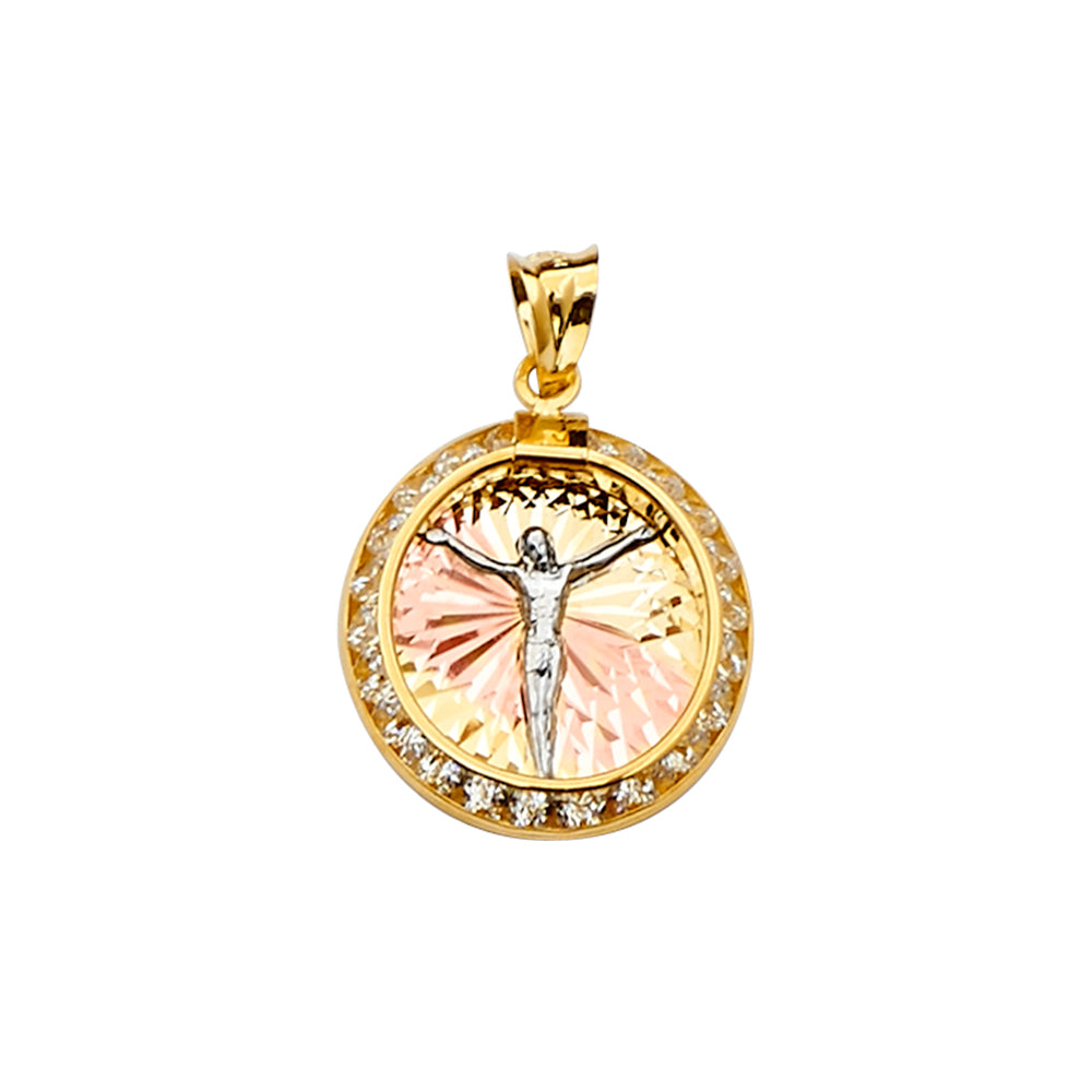 14K Tri-Color Gold Round Crucifix CZ Pendant aprox 1" tall