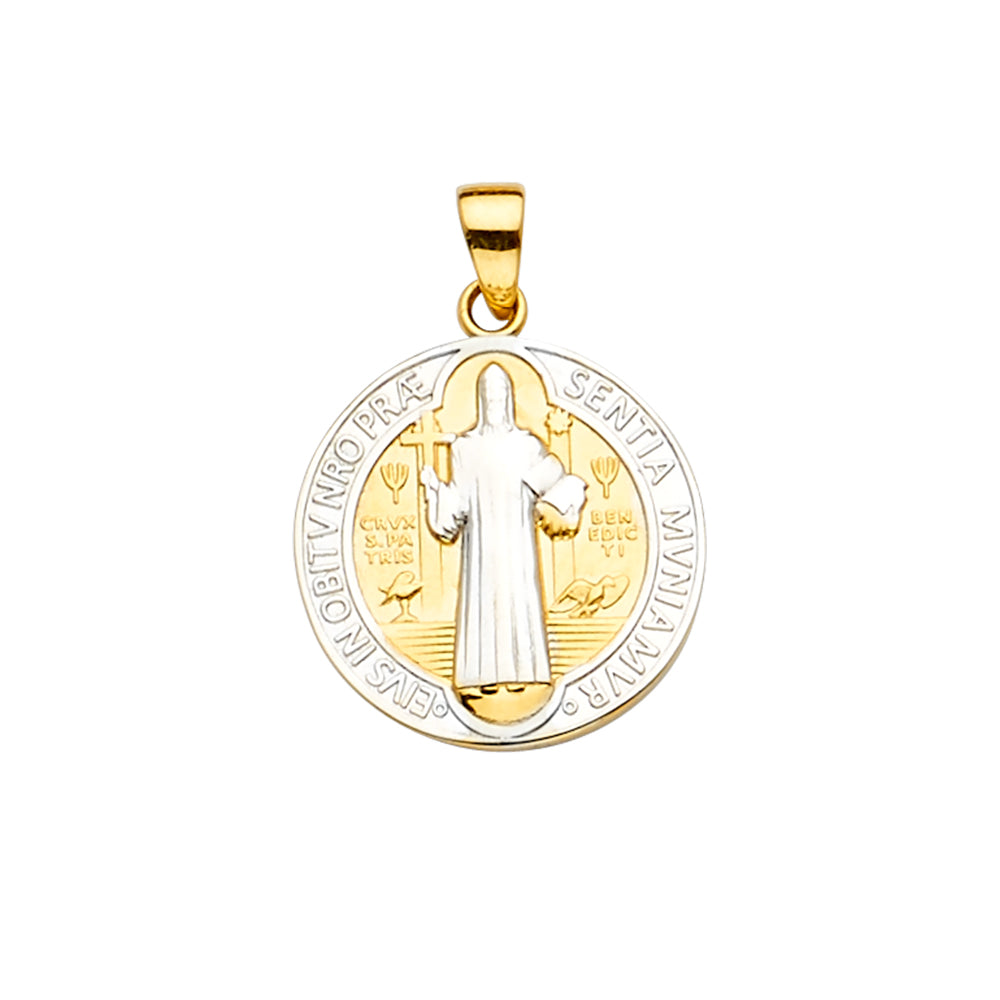 14K Two-Tone Gold Saint Benedict Round Medal Pendant aprox 1" tall