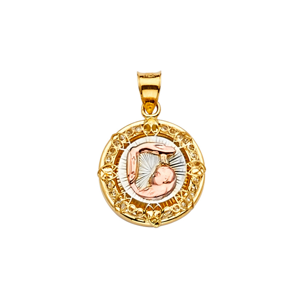 14K Tri-Color Gold Filigree Baptism Round Medallion Pendant