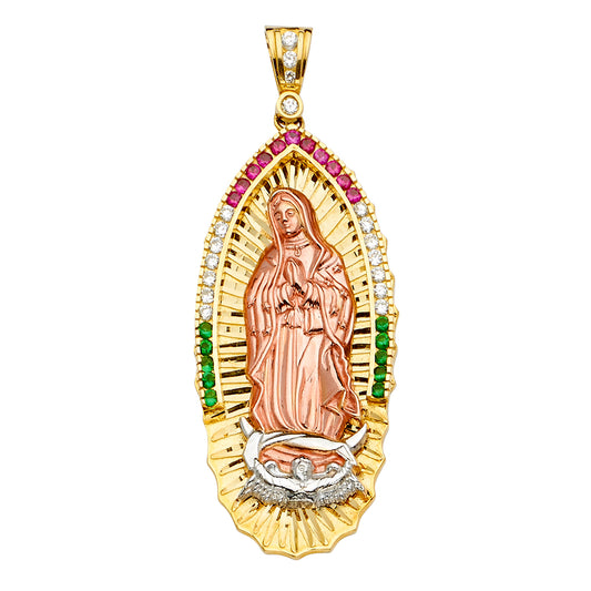 14K Tri-Color Gold Virgen de Guadalupe Extra Large Pendant with Multicolor CZ Stones
