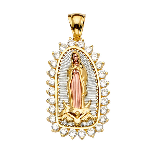 14K Tri-Color Gold Our Lady of Guadalupe Oval Halo Pendant