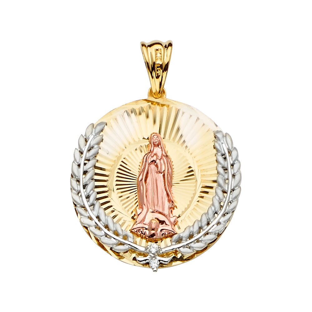 14K Tri-Color Gold Guadalupe Pendant with Laurel Wreath and CZ Accent