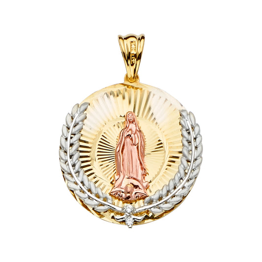 14K Tri-Color Gold Guadalupe Pendant with Laurel Wreath and CZ Accent