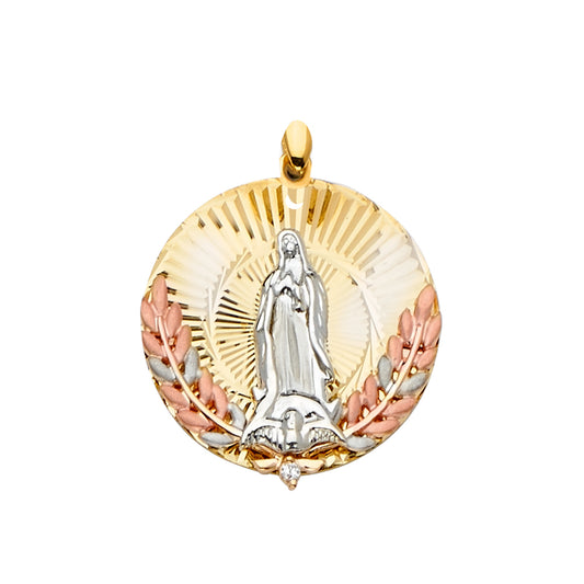 14K Tri-Color Gold Guadalupe Round Pendant with Laurel Motif & CZ