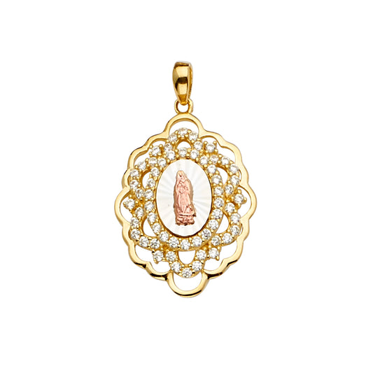 14K Tri-Color Gold Our Lady of Guadalupe Openwork Oval Pendant