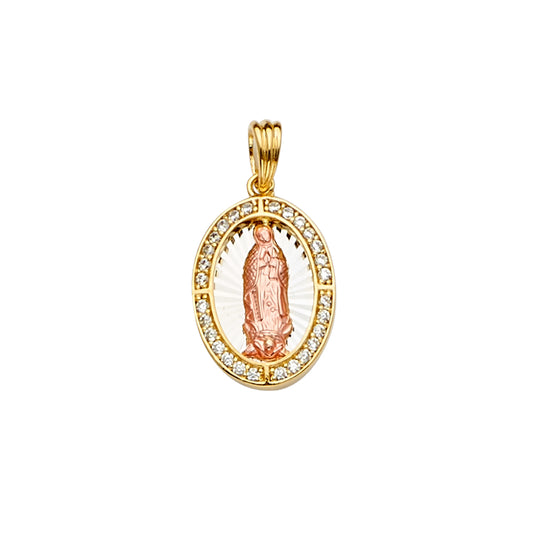 14K Tri-Color Gold Oval Our Lady of Guadalupe Pendant with Cubic Zirconia