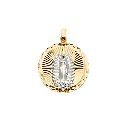 14K Two-Tone Guadalupe Round Sunburst Medal Pendant