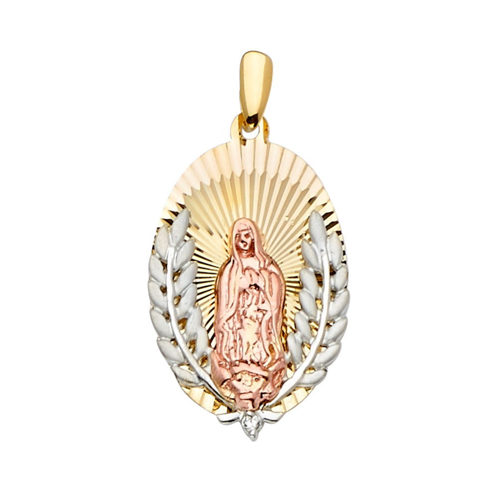 14K Tri-Color Gold Oval Guadalupe Laurel Medal Pendant