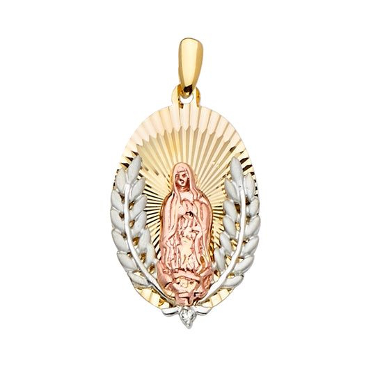 14K Tri-Color Gold Oval Guadalupe Laurel Medal Pendant