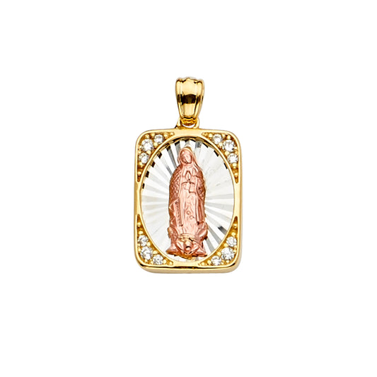 14K Tri-Color Gold Rectangular Our Lady of Guadalupe Pendant with Cubic Zirconia