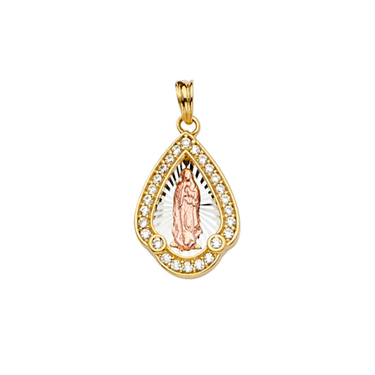 14K Tri-Color Gold Teardrop Our Lady of Guadalupe Pendant with Cubic Zirconia