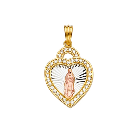 14K Tri-Color Gold Heart Our Lady of Guadalupe Pendant with Cubic Zirconia