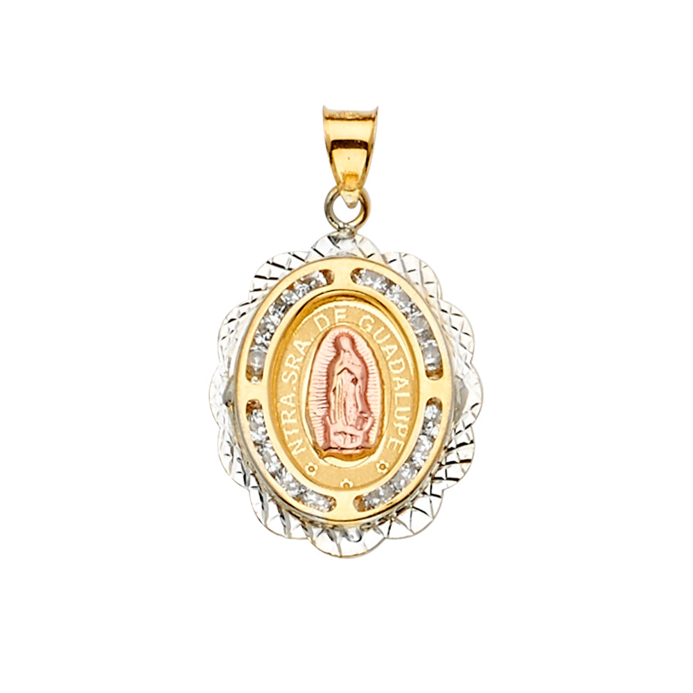 14K Tri-Color Gold Virgen de Guadalupe CZ Medallion Pendant aprox 1" tall