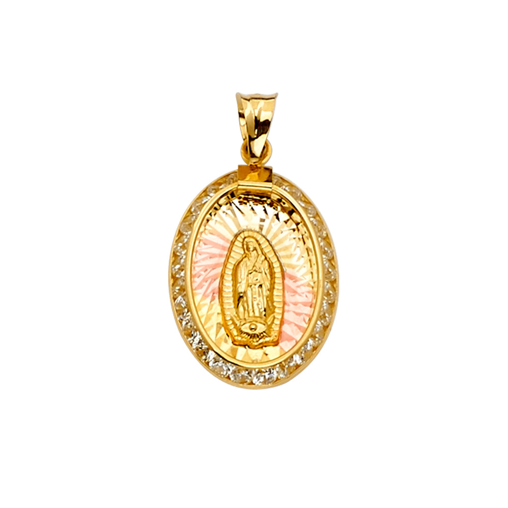 14K Tri-Color Gold Oval Virgin Guadalupe CZ Medallion Pendant aprox 1" tall